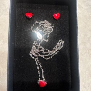 Sterling Silver tiny red Heart Pendant Necklace and earring set
